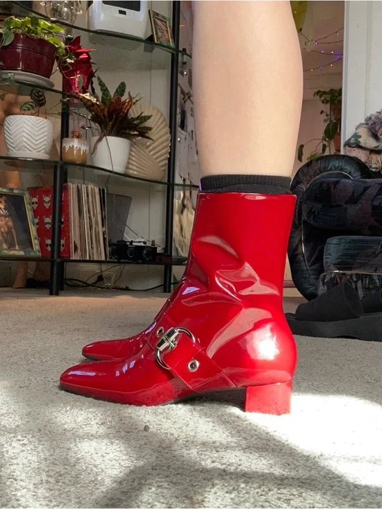 Franco Sarto Red Patent Mid-Calf Buckle Boots - Picture 3 of 9